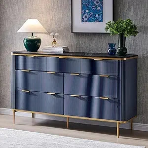 Fluted 7 Drawers Dresser for Bedroom, 54" Wide Modern Dresser TV Stand, Gold Accents, Fluted Fronts, Wood Storage Dressers Orga