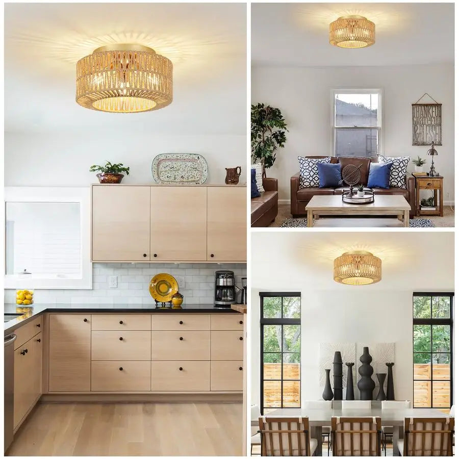 Light Fixtures, 3Light Farmhouse Rattan Ceiling Light, Flush Mount with HandWoven Shade, Modern Chandelier for Living, Bedroom,