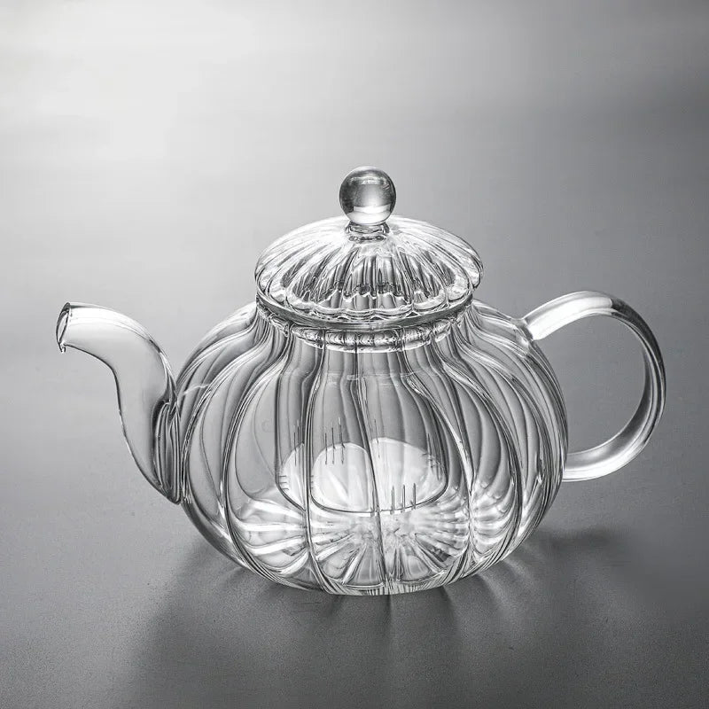 Heat-Resistant Transparent Glass Scented Teapot Complete Set, Kungfu Tea Filter, Creative Striped Pumpkin Pot, Glass Boil Water