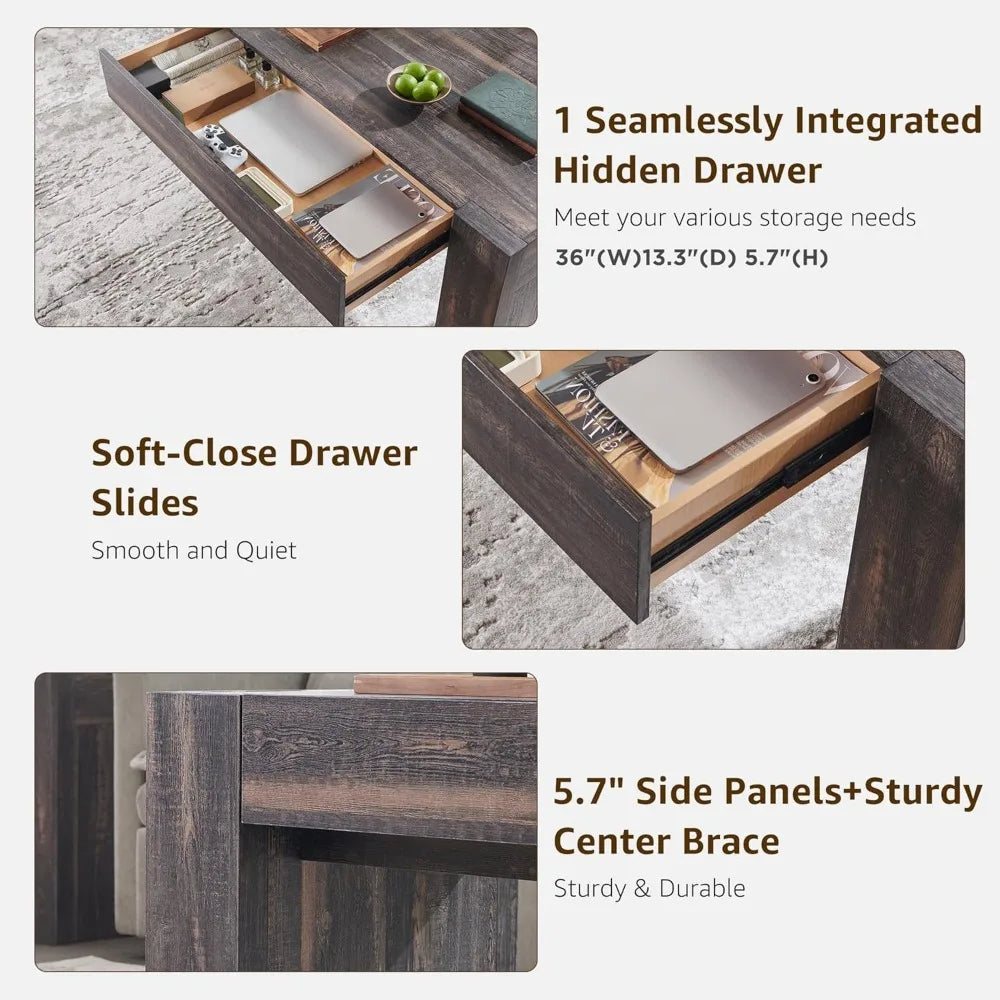 48 Modern Farmhouse Coffee Table, Wooden Living Room Table with Hidden Storage Drawer, Rustic Rectangular Center Tables w/Wo