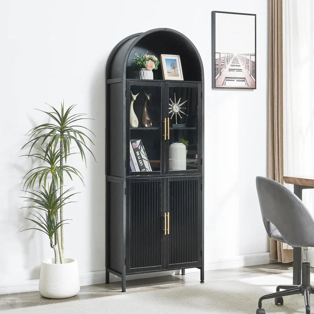 Arched Storage Cabinet with Glass Doors & Shelves, 5-Tier Farmhouse Bookcase Bookshelf Tall Floor Curved Hutch Storage Cabinet