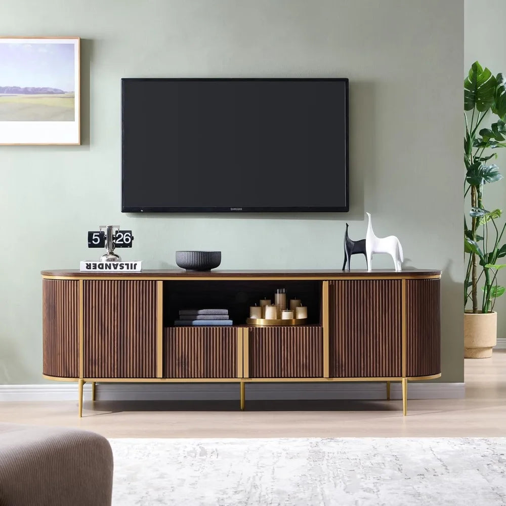 Luxury 70" Fluted TV Stand, Modern Chic Entertainment Center for TVs Up to 80 inches, TV Console with Faux Marble Top, Curved P