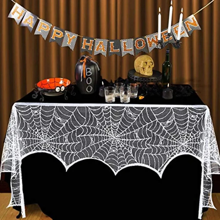Halloween Fireplace Mantel Scarf, Halloween Decorations White Lace Spiderweb Fireplace Cover Festive Party Supplies, 18 x 98 in