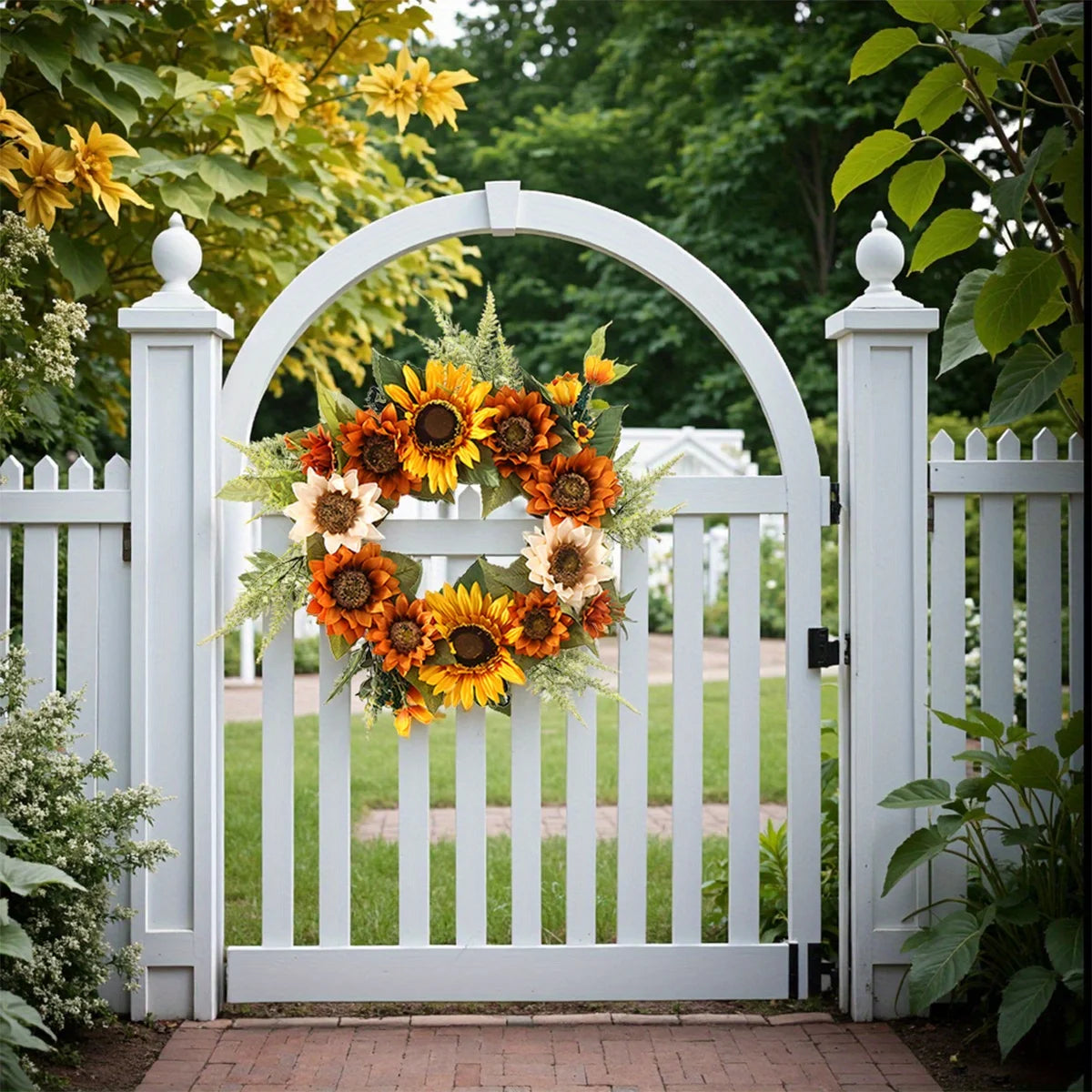 Artificial Sunflower Wreath for Front Door, Fake Flower Wreath with Yellow Sunflowers and Green Leaves for Spring Summer