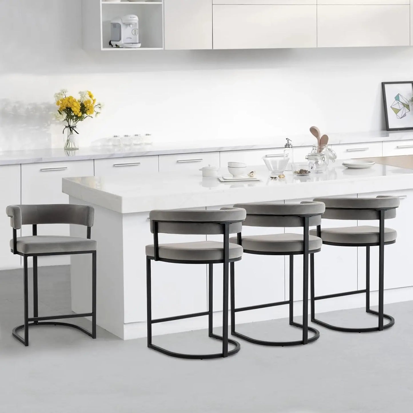 25.6" Seat Height Bar Stools (2-Piece) – Modern Beige Velvet, Barrel Backrest with Gold Metal Footrest