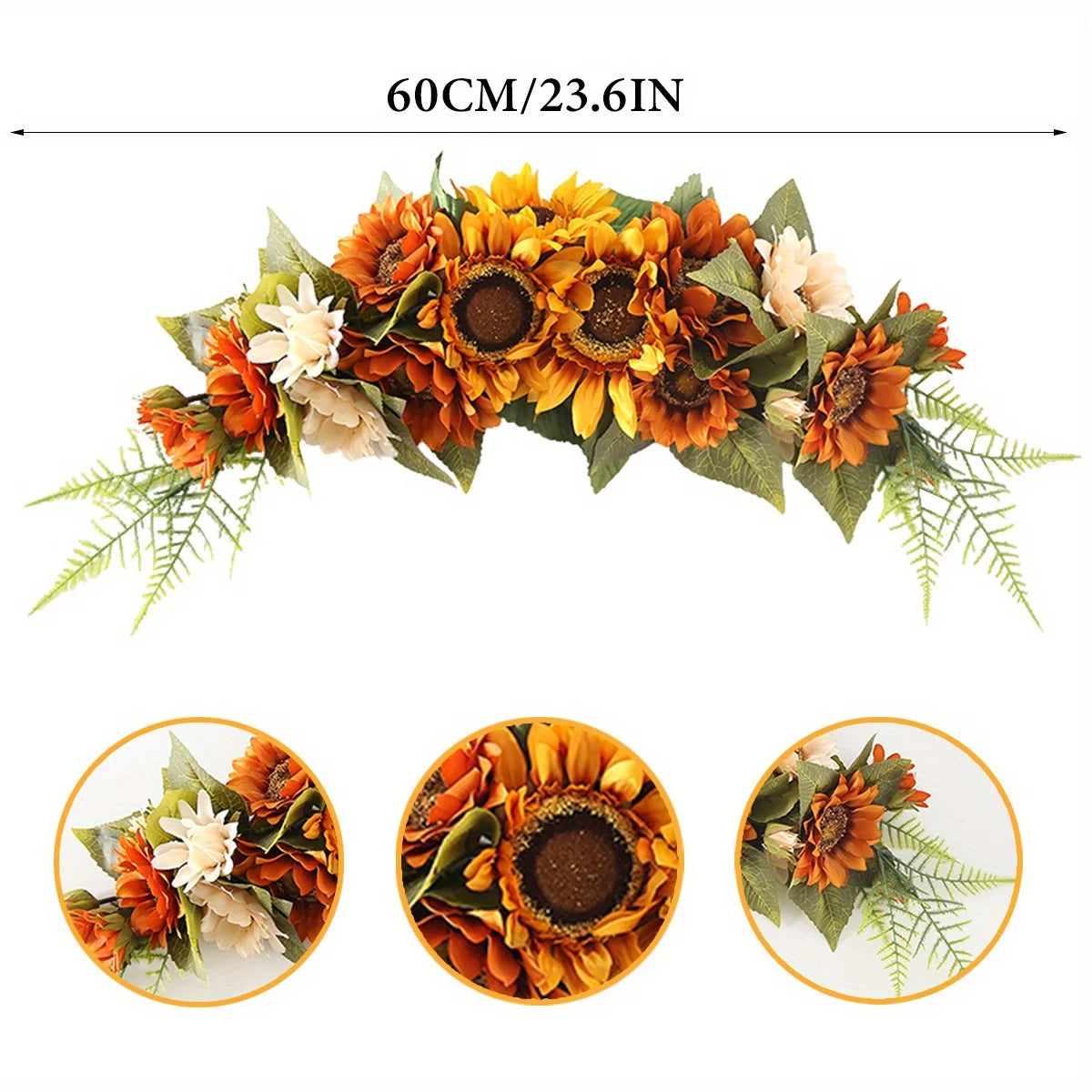 Artificial Sunflower Wreath for Front Door, Fake Flower Wreath with Yellow Sunflowers and Green Leaves for Spring Summer