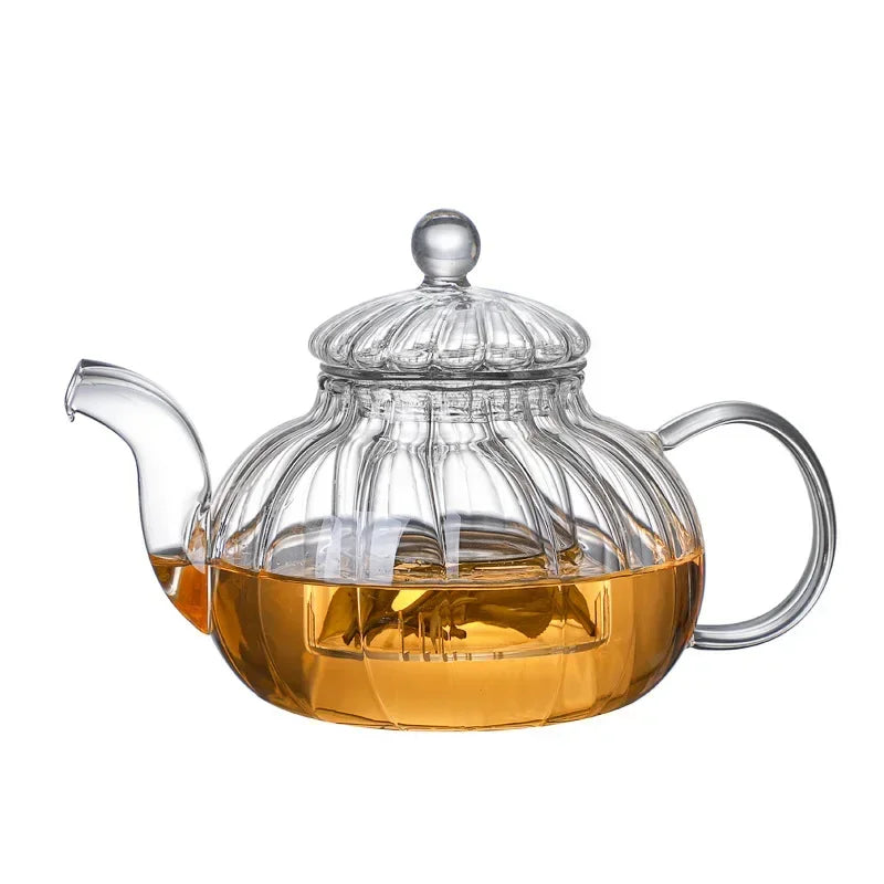 Heat-Resistant Transparent Glass Scented Teapot Complete Set, Kungfu Tea Filter, Creative Striped Pumpkin Pot, Glass Boil Water