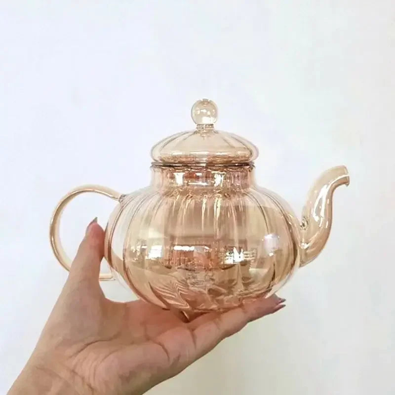 Heat-Resistant Transparent Glass Scented Teapot Complete Set, Kungfu Tea Filter, Creative Striped Pumpkin Pot, Glass Boil Water