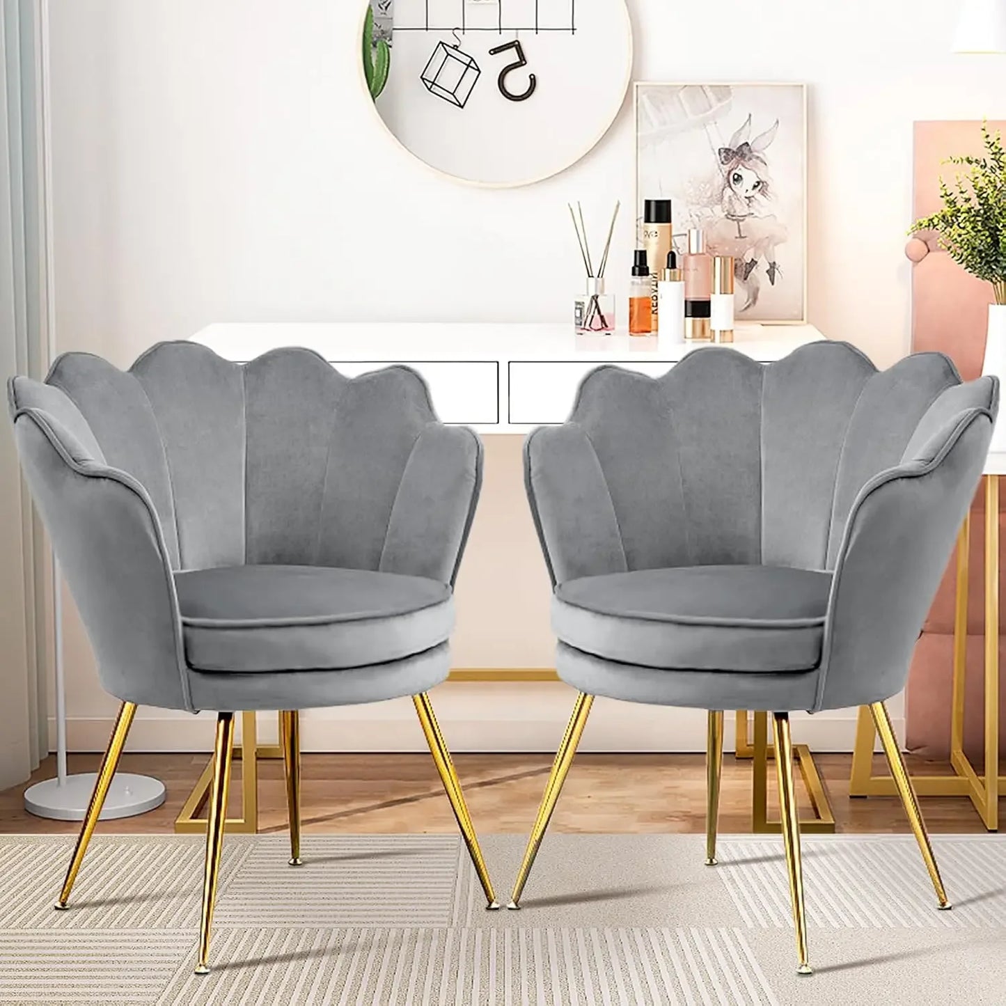 2 Piece Living Room Cloud Chair Set, Velvet Upholstered Dressing Chair with Backrest, Gold Small Decorative Side Chair