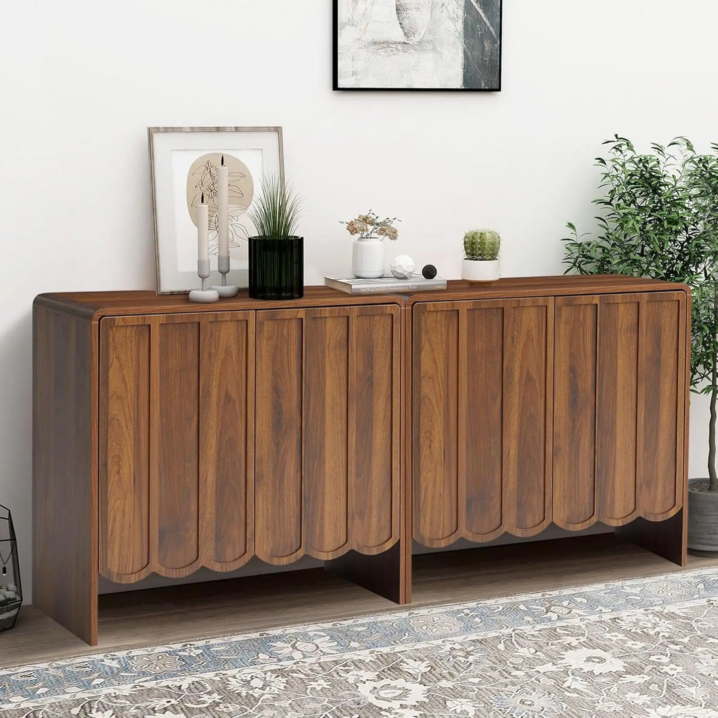 Sideboard Buffet Cabinet, Accent Storage Cabinets with 2 Doors, Farmhouse Wood Cabinet with Adjustable Shelves and Wave Panel