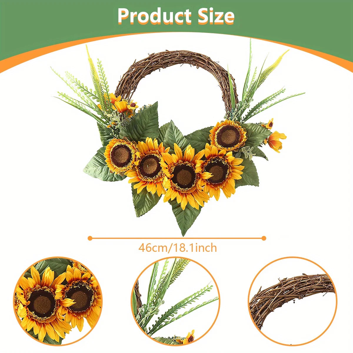 Artificial Sunflower Wreath for Front Door, Fake Flower Wreath with Yellow Sunflowers and Green Leaves for Spring Summer
