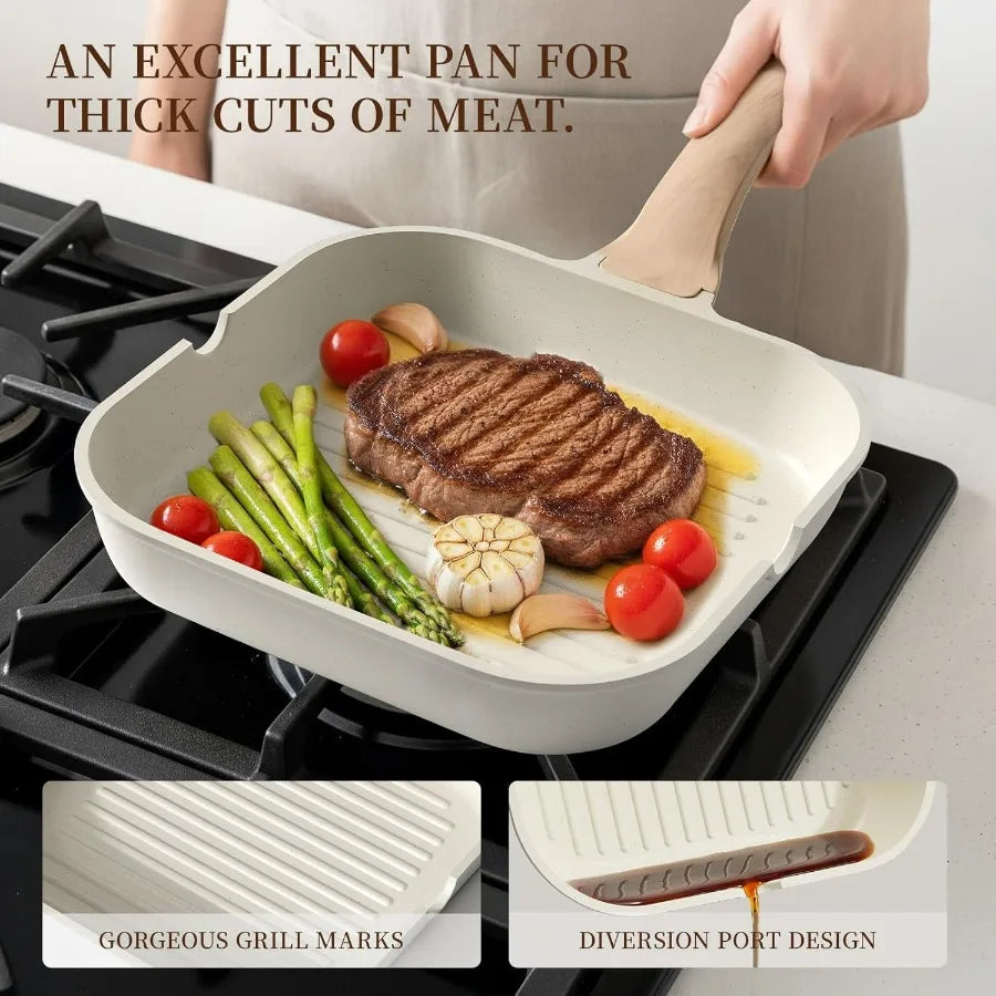 16Pcs Pots and Pans Set Nonstick Ceramic Cookware for Induction Cooking Healthy NonToxic Kitchenware with Grill Pan and Saute P