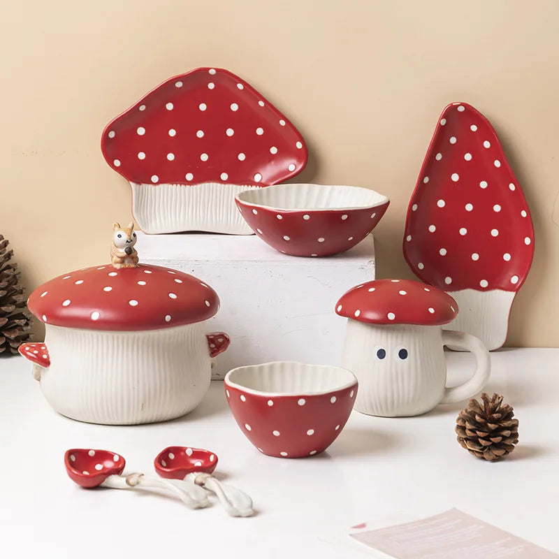 Ceramic Red Mushroom Tableware Mug Snack Plate Creative Cute Handmade Dinner Serving Plate Bowl Spoon Kitchen Dinnerware