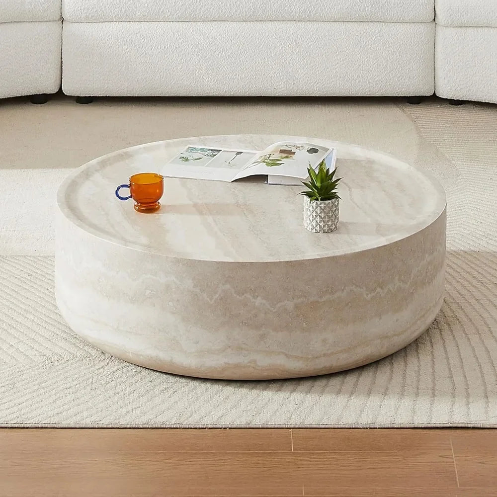 Round Coffee Table, 39.37” Modern Tea Faux Travertine Textured Table Fiberglass Side Table End Table for Living Room