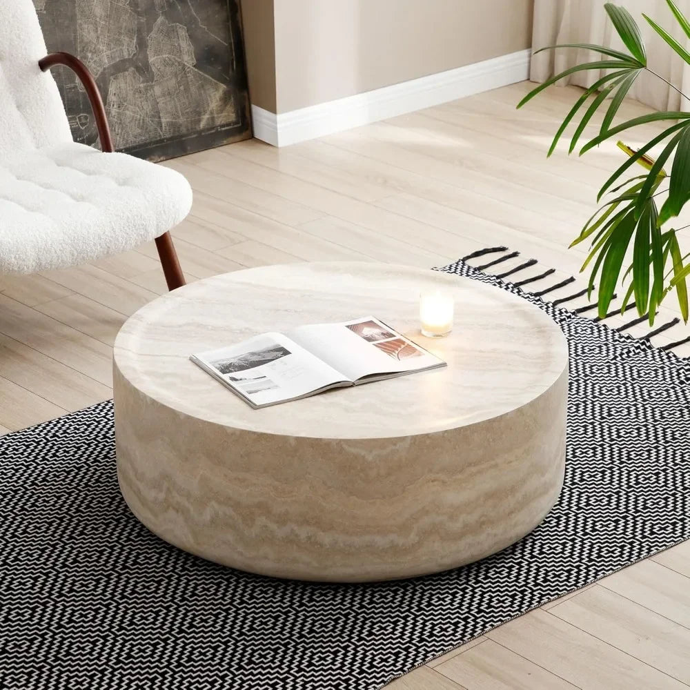 Round Coffee Table, 39.37” Modern Tea Faux Travertine Textured Table Fiberglass Side Table End Table for Living Room