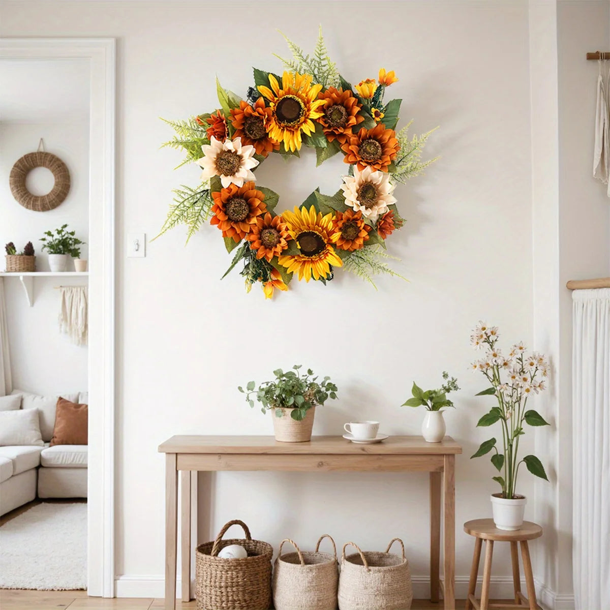 Artificial Sunflower Wreath for Front Door, Fake Flower Wreath with Yellow Sunflowers and Green Leaves for Spring Summer