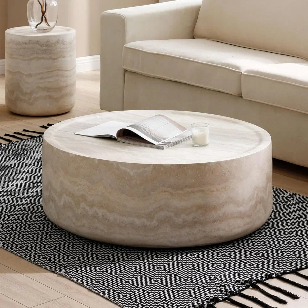 Round Coffee Table, 39.37” Modern Tea Faux Travertine Textured Table Fiberglass Side Table End Table for Living Room