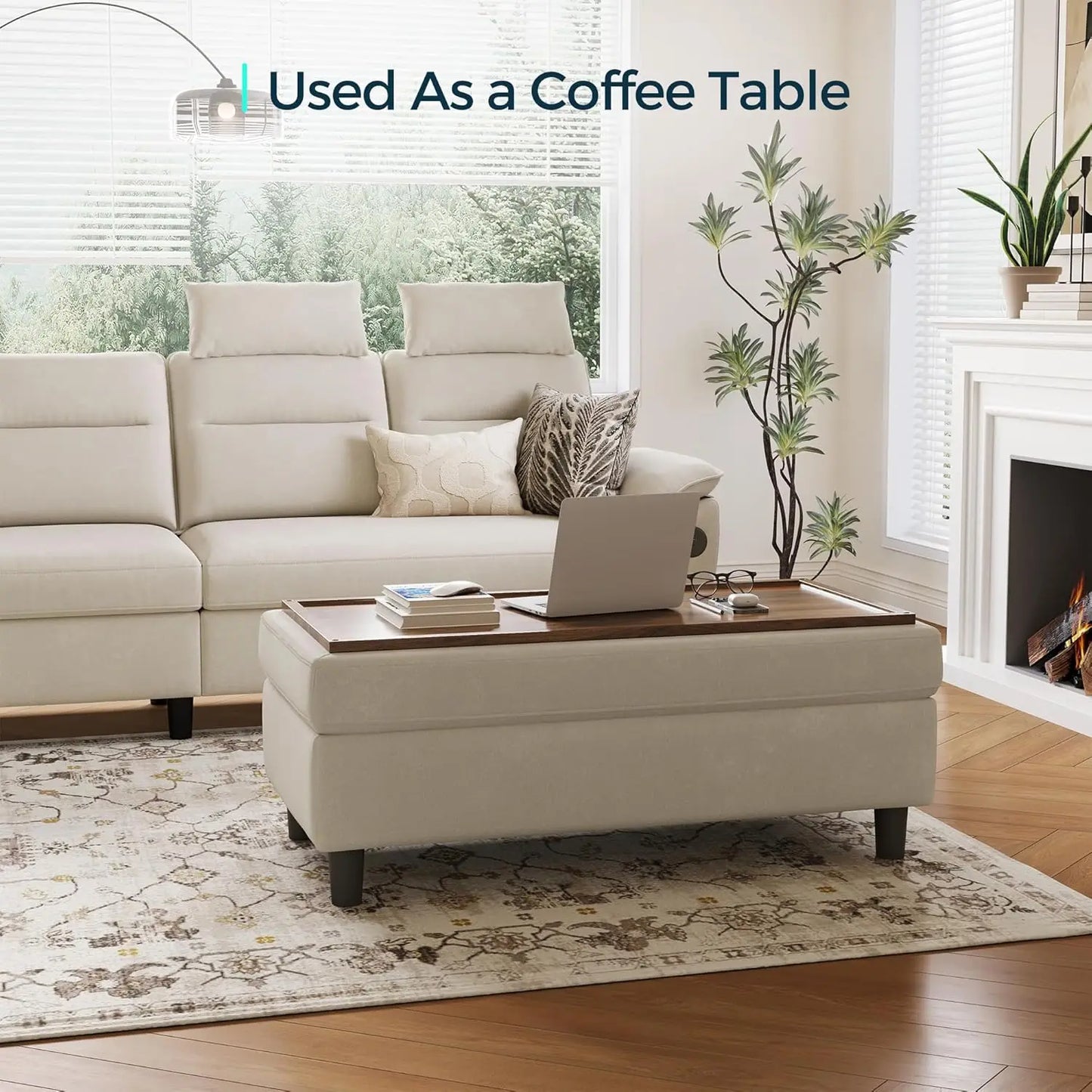 46 Inches Wide Storage Ottoman Bench, Linen Coffee Table Folding Long Shoes Bench Footstool, Storage Chest, Foot Rest Stool