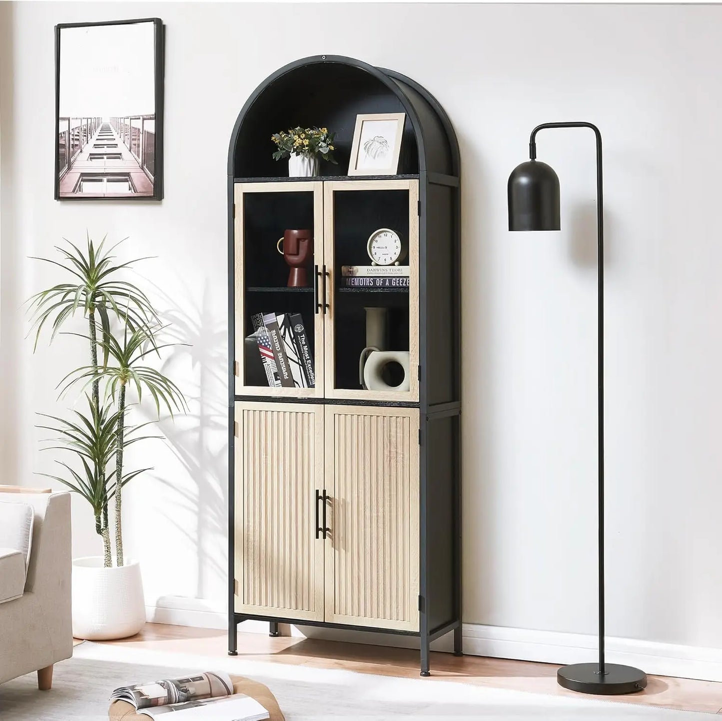 Arched Storage Cabinet with Glass Doors & Shelves, 5-Tier Farmhouse Bookcase Bookshelf Tall Floor Curved Hutch Storage Cabinet