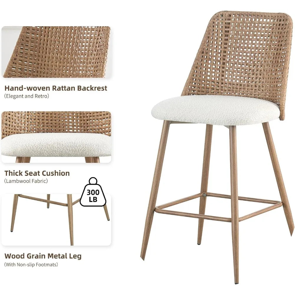 Rattan Bar Stools Set of 2, 26 Inches Height Wicker Bar,PE Rattan Stools with Metal Legs,Wicker Bar Stools Set of 2