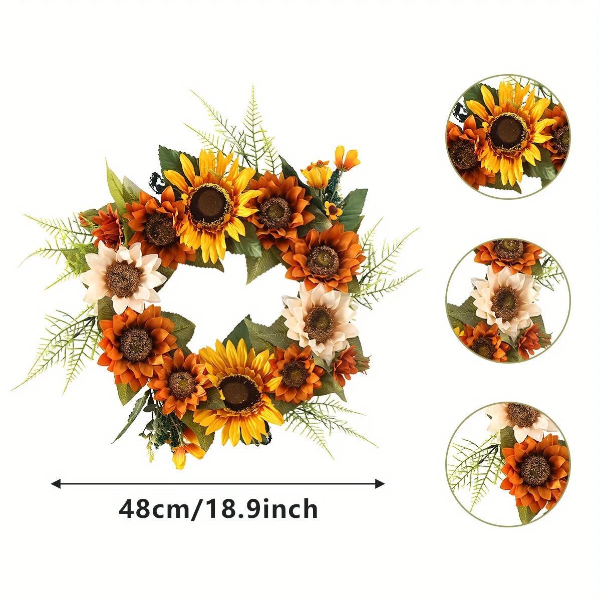 Artificial Sunflower Wreath for Front Door, Fake Flower Wreath with Yellow Sunflowers and Green Leaves for Spring Summer