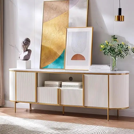 Luxury 70" Fluted TV Stand, Modern Chic Entertainment Center for TVs Up to 80 inches, TV Console with Faux Marble Top, Curved P