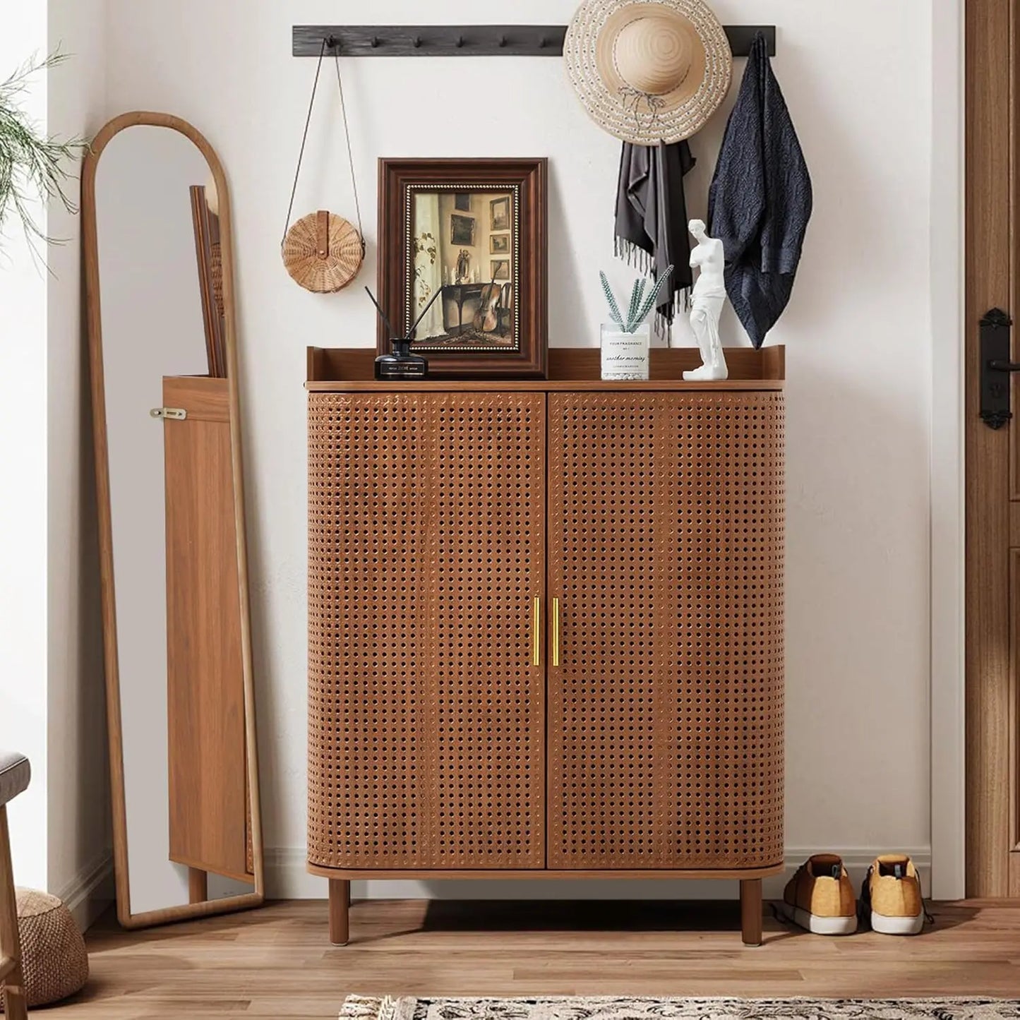 Shoe Cabinet, 5 Tier Boho Wooden Shoe Storage Organizer Cabinet with Adjustable Shelves, Shoes Rack with Iron Rattan Curved