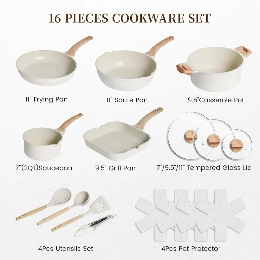 16Pcs Pots and Pans Set Nonstick Ceramic Cookware for Induction Cooking Healthy NonToxic Kitchenware with Grill Pan and Saute P