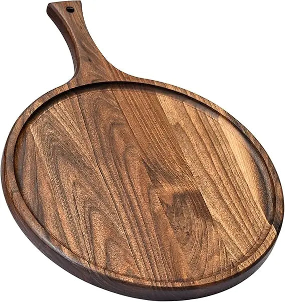 Round American Dark Walnut Wood Cutting and Serving Board with Handle - Charcuterie Wooden Board - Stylish Versatility for Your