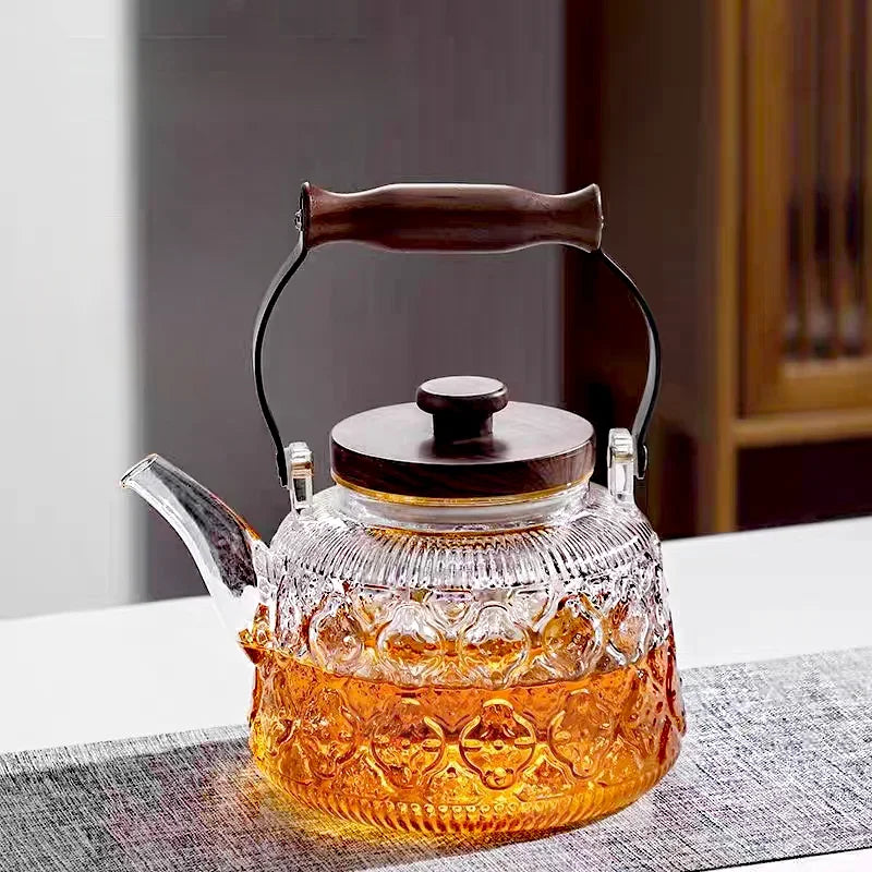 1000ML Embossed Begonia Glass Teapot With Tea Strainer Infuser Flower Puer Kungfu Tea Set Kettle Lifting Beam Tea Pot Teaware