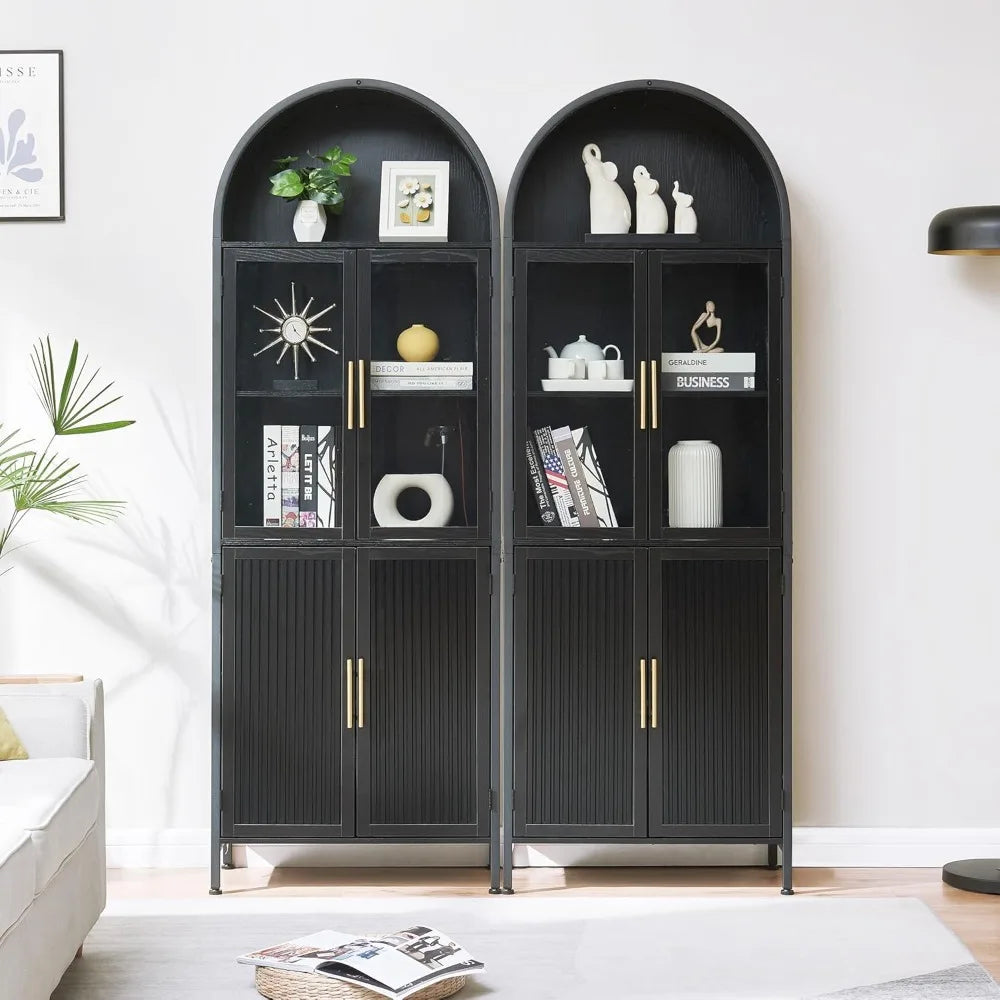 Arched Storage Cabinet with Glass Doors & Shelves, 5-Tier Farmhouse Bookcase Bookshelf Tall Floor Curved Hutch Storage Cabinet