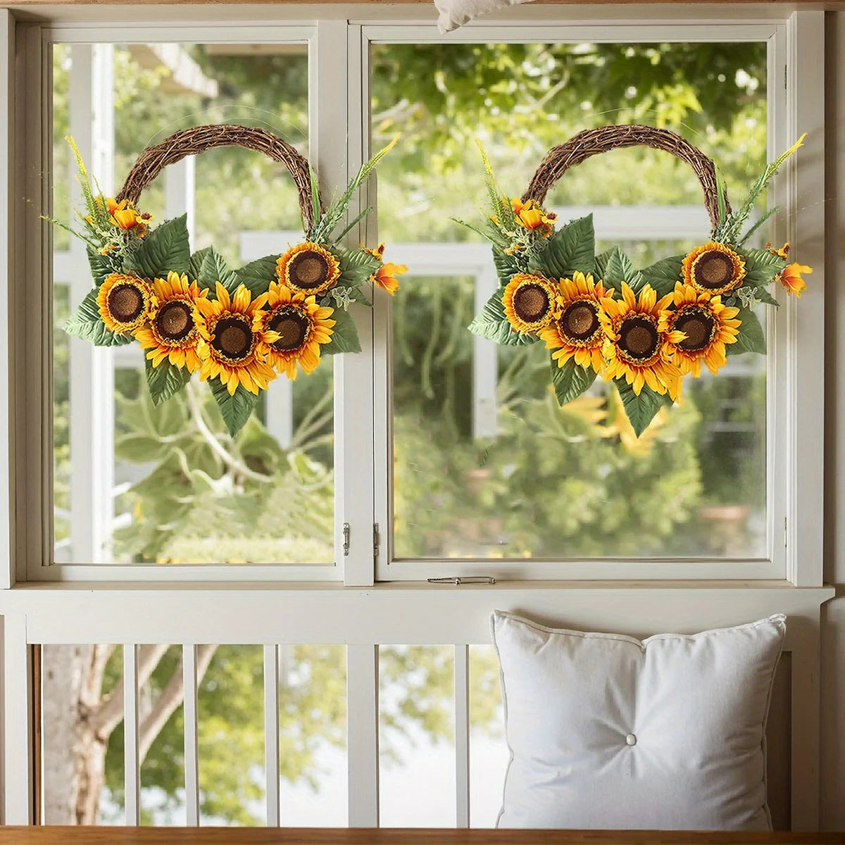 Artificial Sunflower Wreath for Front Door, Fake Flower Wreath with Yellow Sunflowers and Green Leaves for Spring Summer