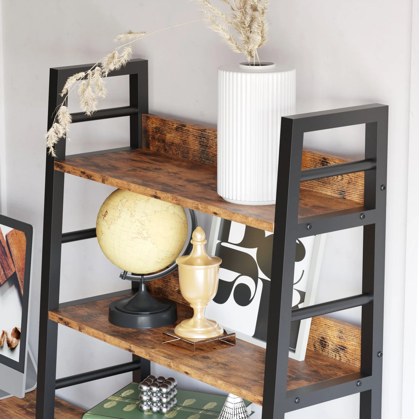IRONCK Bookshelf with Louvered Doors, 4-Tier Ladder Shelf with Cabinet Industrial Accent Furniture for Bedroom Living Room Home