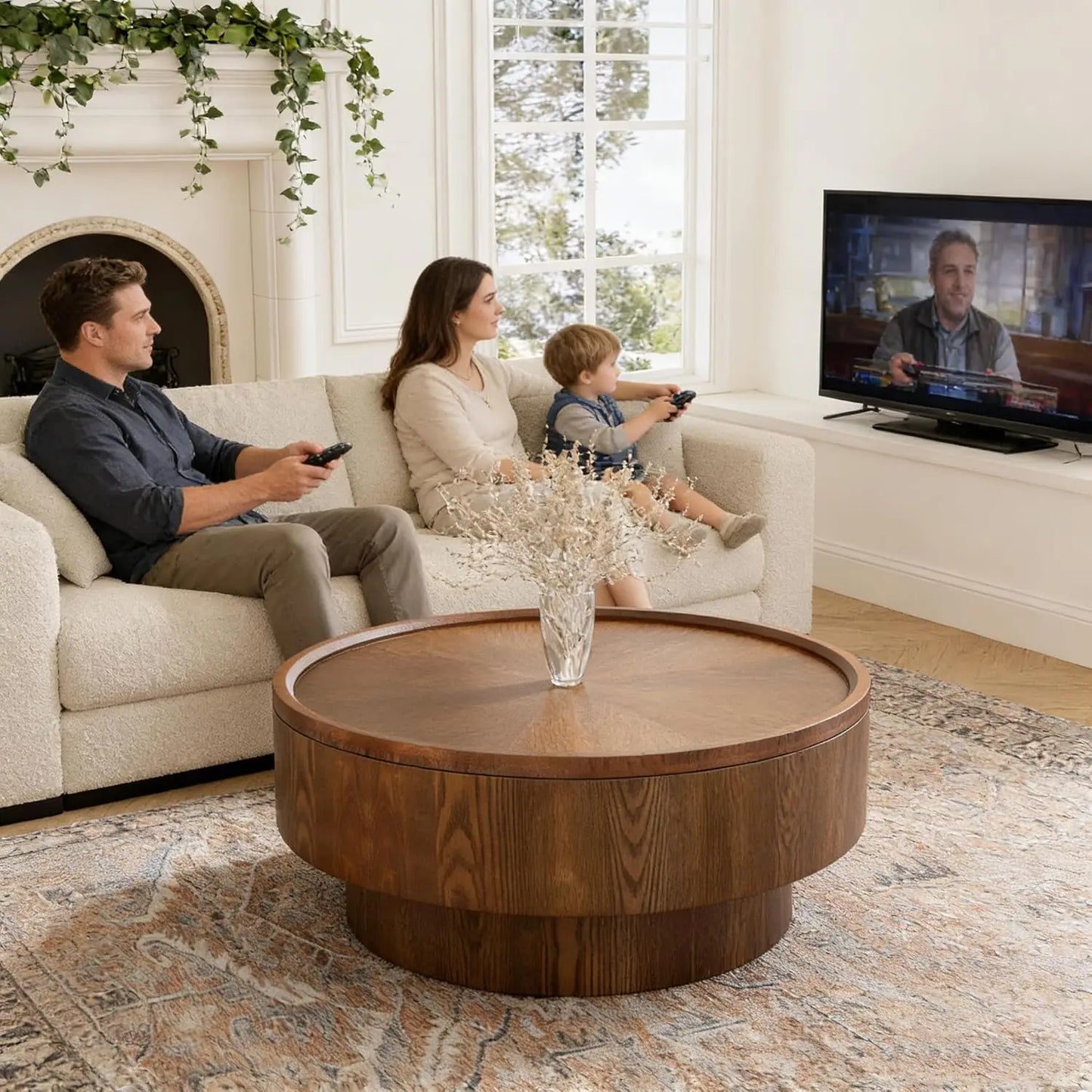 Rustic Wood Round Coffee Table with Storage, Modern Luxury Circle Drum Center Tables with Solid Wood Veneered and, Customized