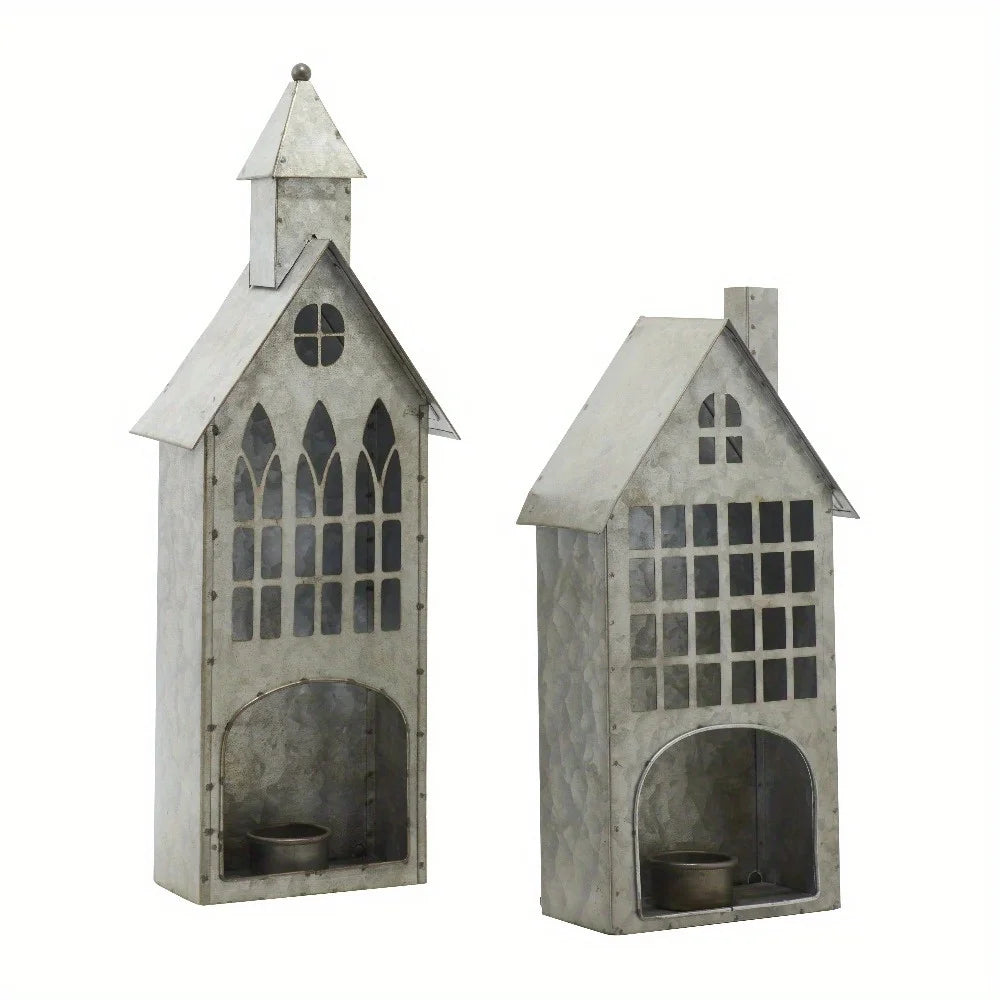 2-Piece Grey Farmhouse Votive Holders - Rustic Textured Candle Holders with Distressed Finish, Ideal for Mantles, Dining Tables