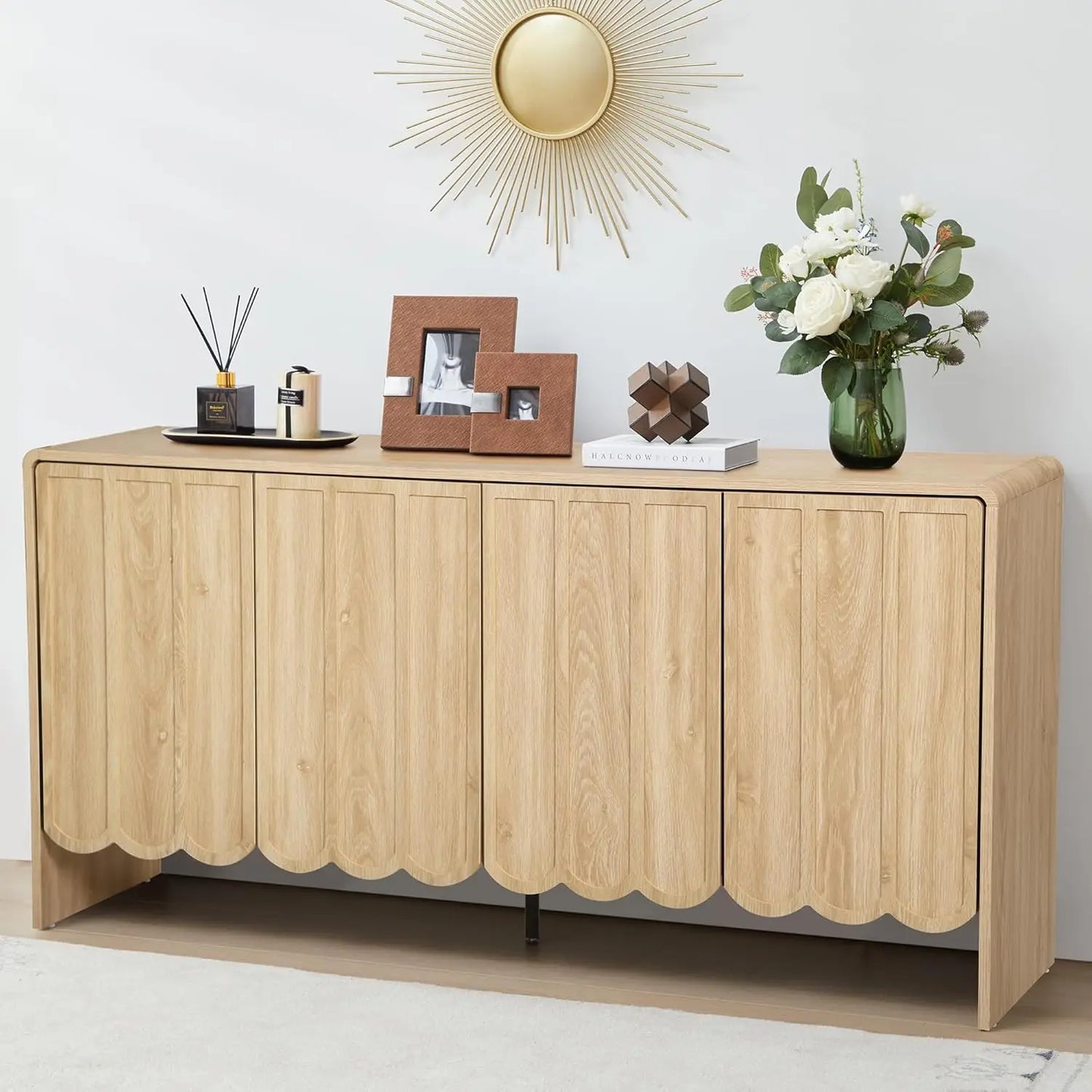 Sideboard Buffet Cabinet, Accent Storage Cabinets with 2 Doors, Farmhouse Wood Cabinet with Adjustable Shelves and Wave Panel
