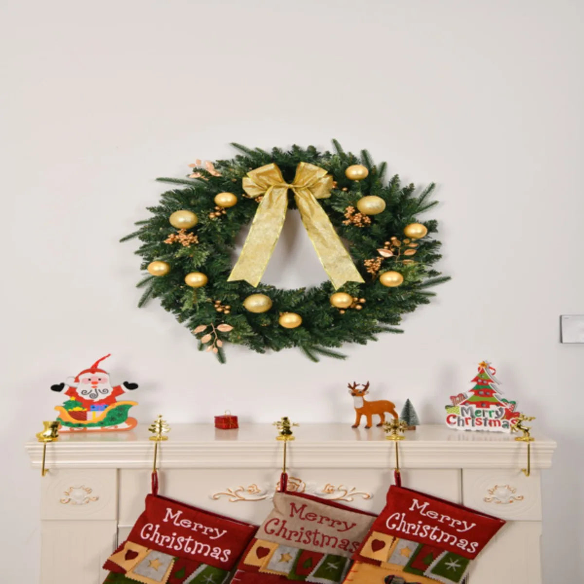 24in Christmas Wreath with Remote Lighted Artificial Xmas Wreath Warm Lights Ornaments for Front Door Gate Wall Xmas Party Decor