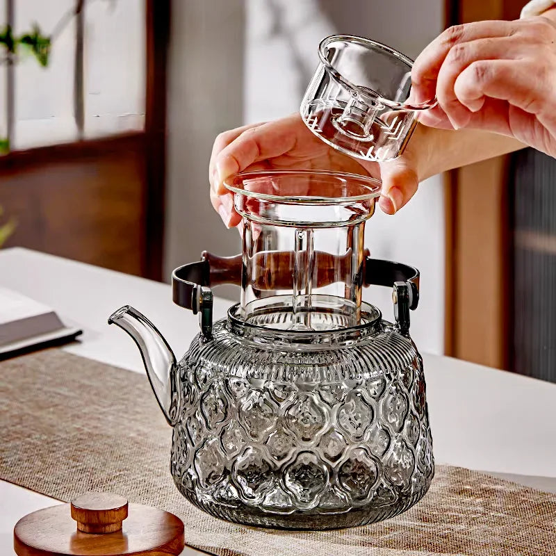 1000ML Embossed Begonia Glass Teapot With Tea Strainer Infuser Flower Puer Kungfu Tea Set Kettle Lifting Beam Tea Pot Teaware