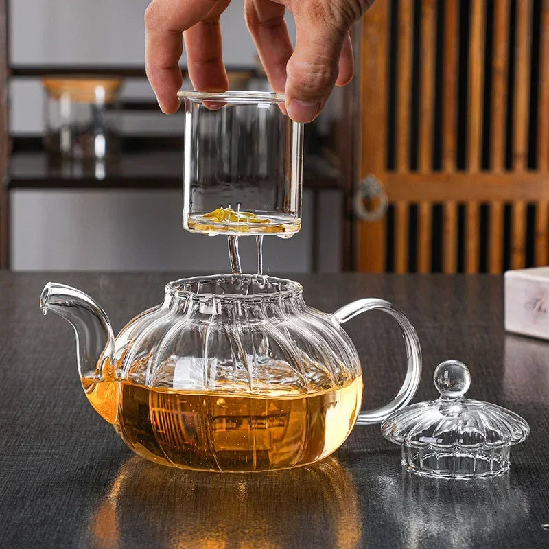 Heat-Resistant Transparent Glass Scented Teapot Complete Set, Kungfu Tea Filter, Creative Striped Pumpkin Pot, Glass Boil Water
