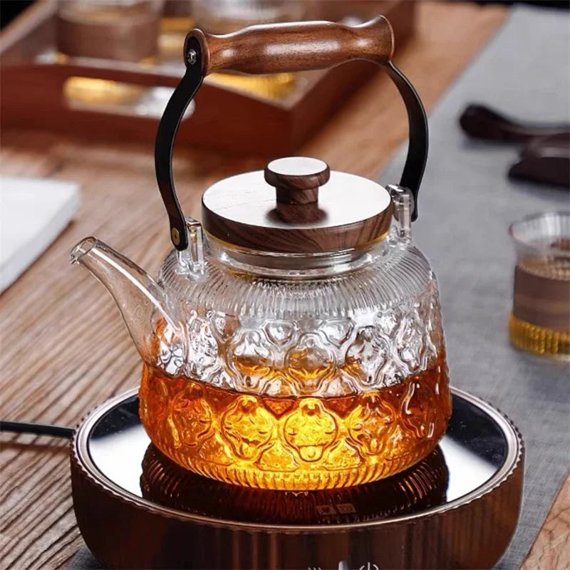 1000ML Embossed Begonia Glass Teapot With Tea Strainer Infuser Flower Puer Kungfu Tea Set Kettle Lifting Beam Tea Pot Teaware