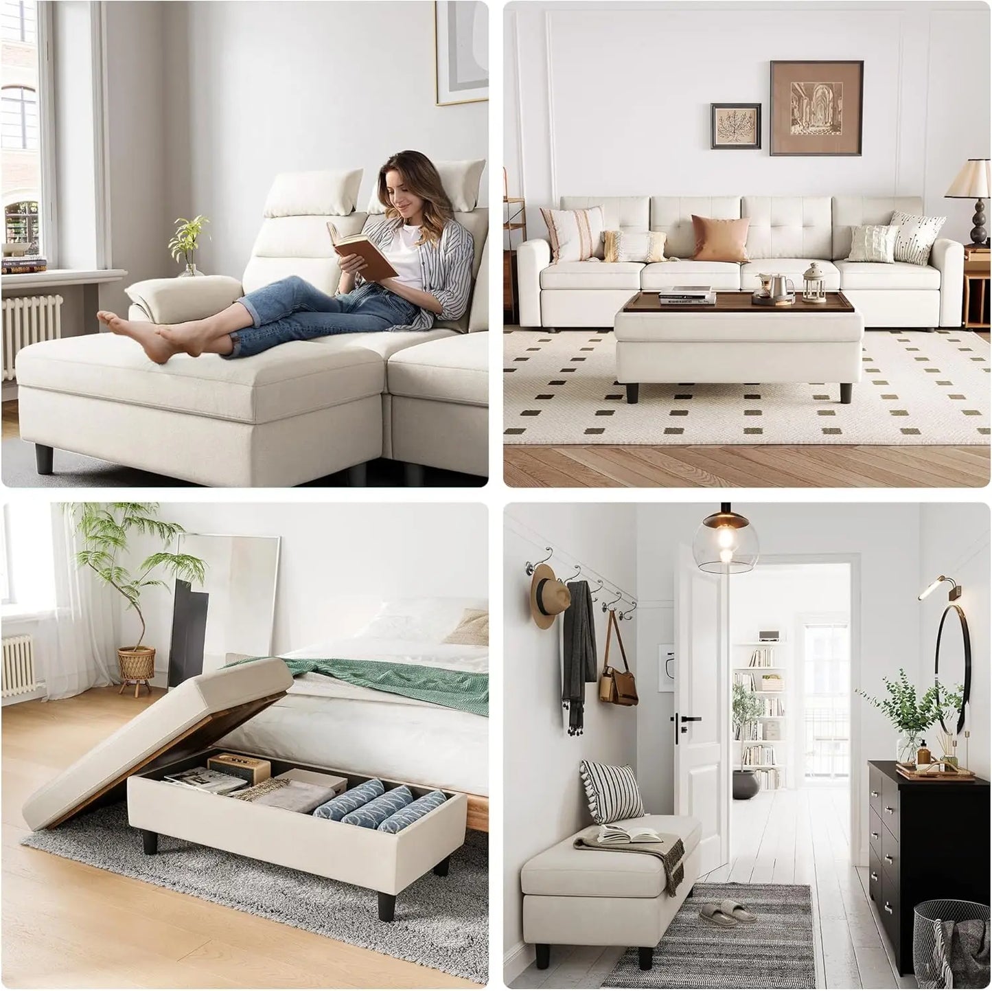 46 Inches Wide Storage Ottoman Bench, Linen Coffee Table Folding Long Shoes Bench Footstool, Storage Chest, Foot Rest Stool