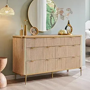 Fluted 7 Drawers Dresser for Bedroom, 54" Wide Modern Dresser TV Stand, Gold Accents, Fluted Fronts, Wood Storage Dressers Orga