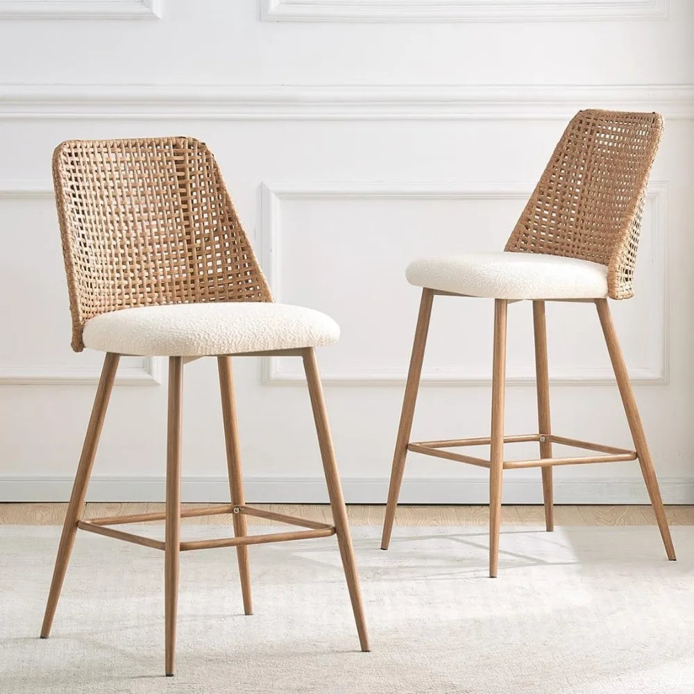 Rattan Bar Stools Set of 2, 26 Inches Height Wicker Bar,PE Rattan Stools with Metal Legs,Wicker Bar Stools Set of 2