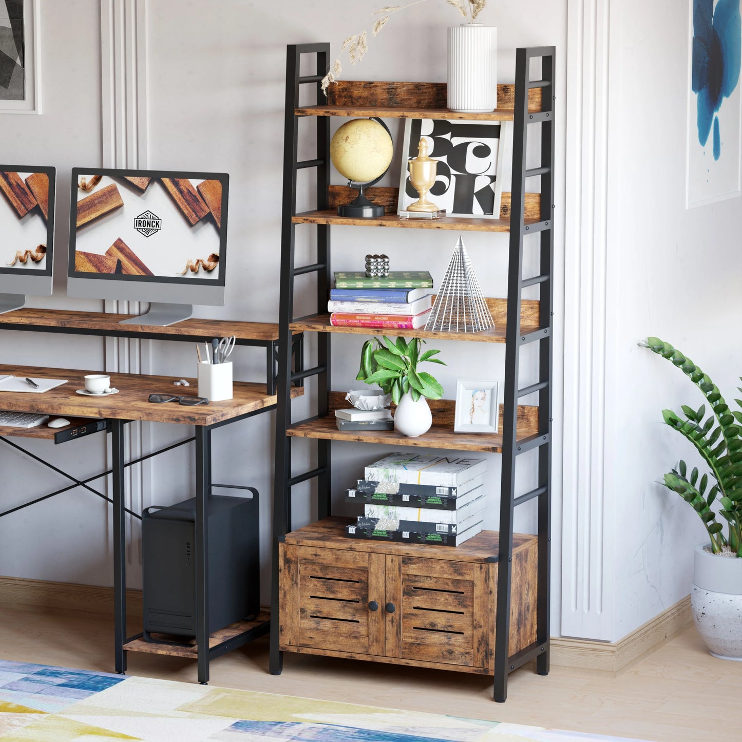 IRONCK Bookshelf with Louvered Doors, 4-Tier Ladder Shelf with Cabinet Industrial Accent Furniture for Bedroom Living Room Home