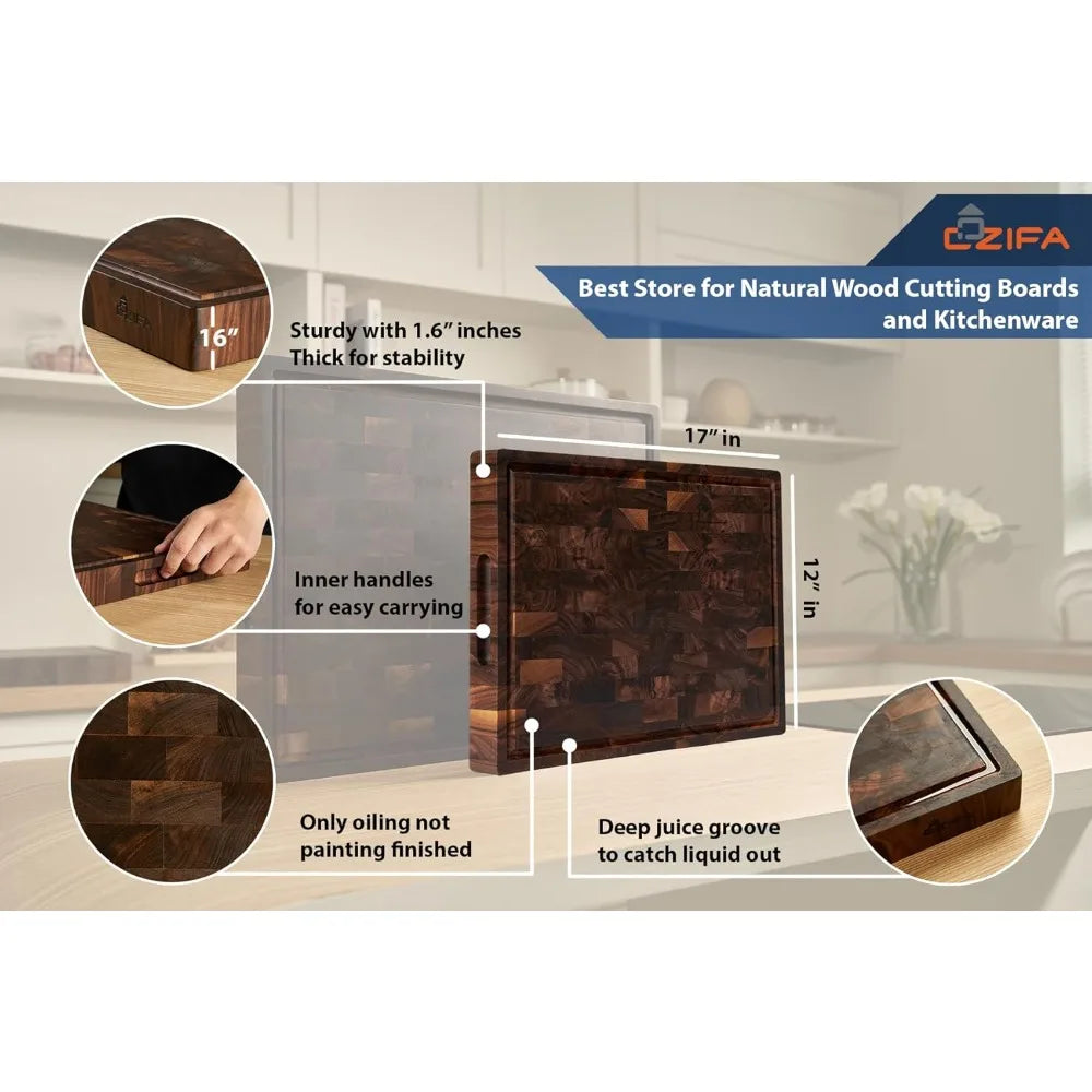 Kitchen End Grain Dark Walnut Wood Cutting Board 17x12x1.6 with Juice Groove and Inner Handles, Gift Boxed
