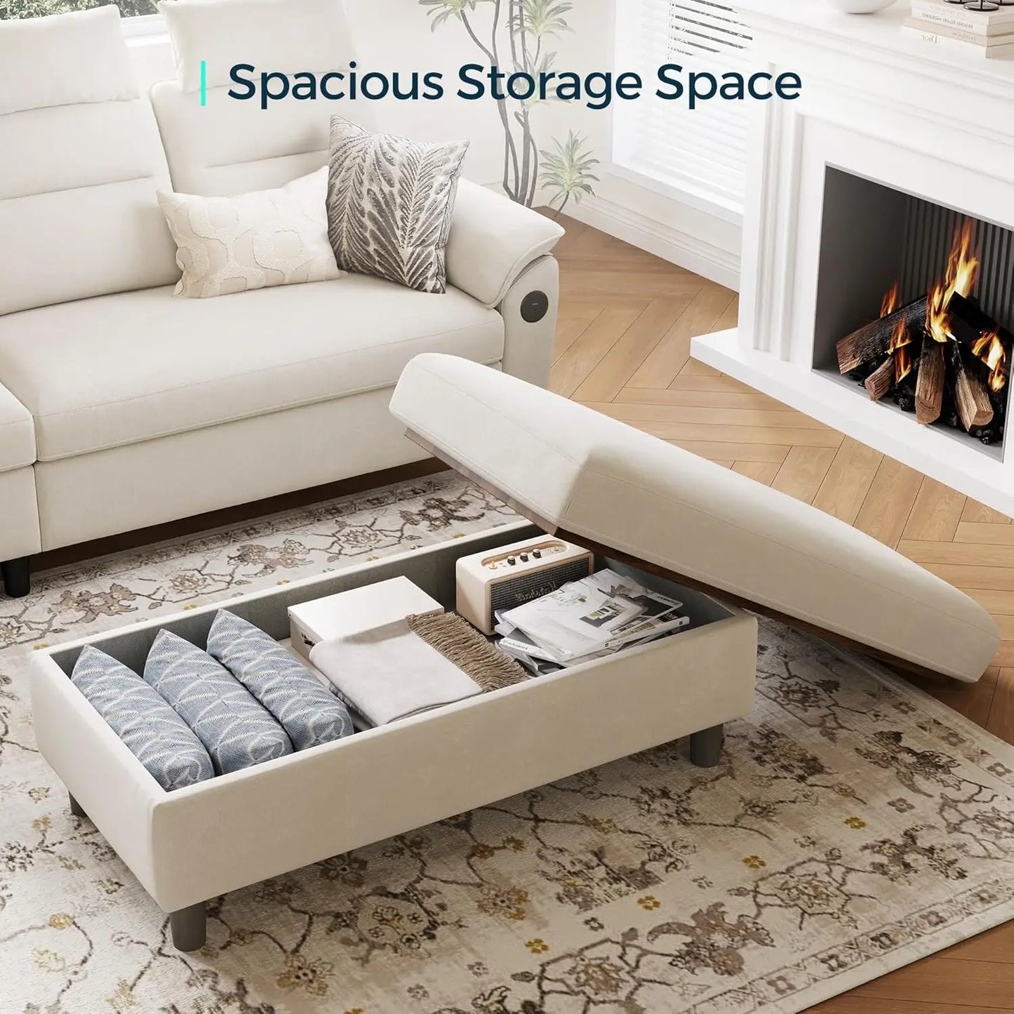 46 Inches Wide Storage Ottoman Bench, Linen Coffee Table Folding Long Shoes Bench Footstool, Storage Chest, Foot Rest Stool