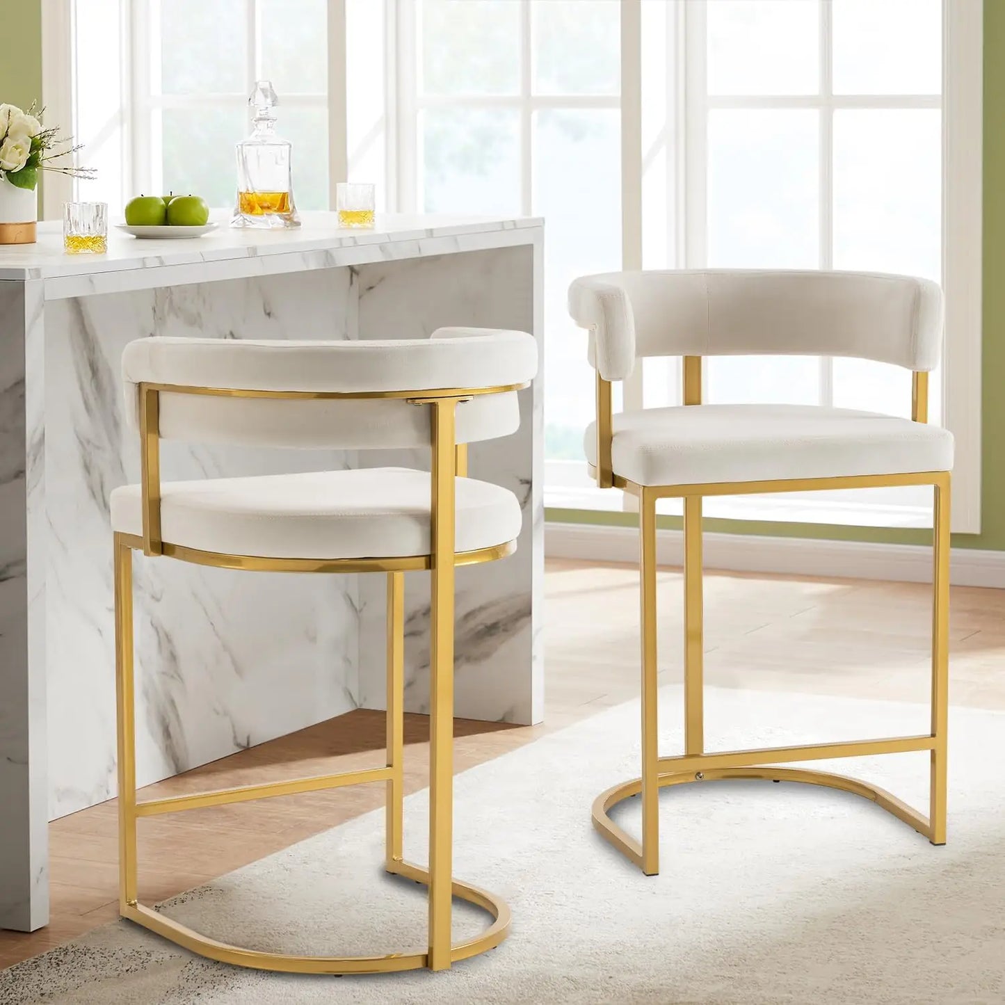 25.6" Seat Height Bar Stools (2-Piece) – Modern Beige Velvet, Barrel Backrest with Gold Metal Footrest