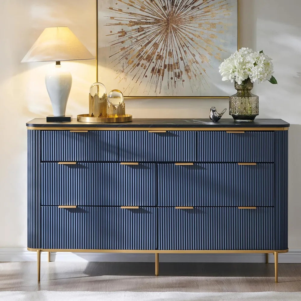 Fluted 7 Drawers Dresser for Bedroom, 54" Wide Modern Dresser TV Stand, Gold Accents, Fluted Fronts, Wood Storage Dressers Orga