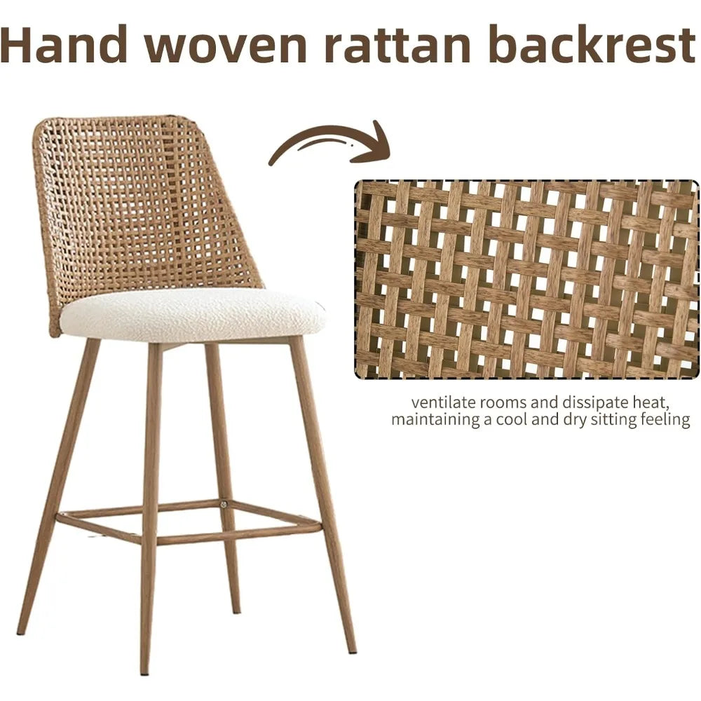 Rattan Bar Stools Set of 2, 26 Inches Height Wicker Bar,PE Rattan Stools with Metal Legs,Wicker Bar Stools Set of 2