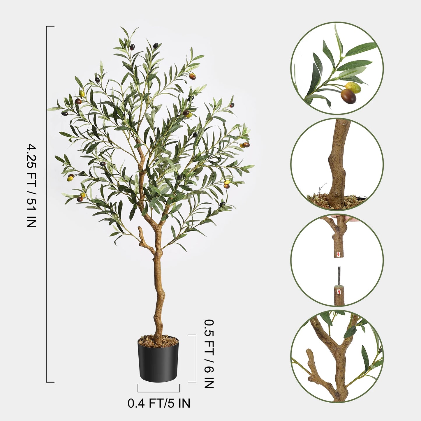 Artificial Olive Tree Silk Fake Potted Tree with Natural Wood Trunk and Lifelike Fruits for Home Office Living Room Indoor Decor